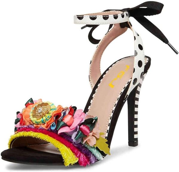 FSJ Women Floral Stiletto High Heel Sandal Ankle Strap Open Toe Pump D'Orsay Polka Dot Lace up Dress Party Summer Shoes Size 4-15 US