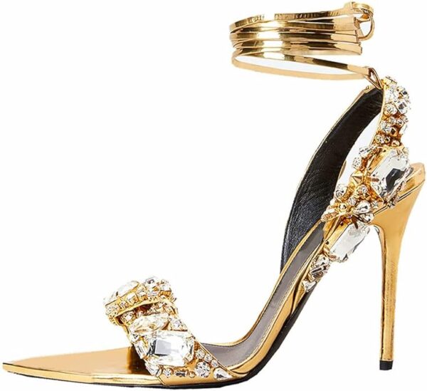 Kluolandi Women's Strappy Stiletto Heels with Crystal Lace Up Gladiator Sexy Open Toe High Heeled Sandals Gold Heels for Women