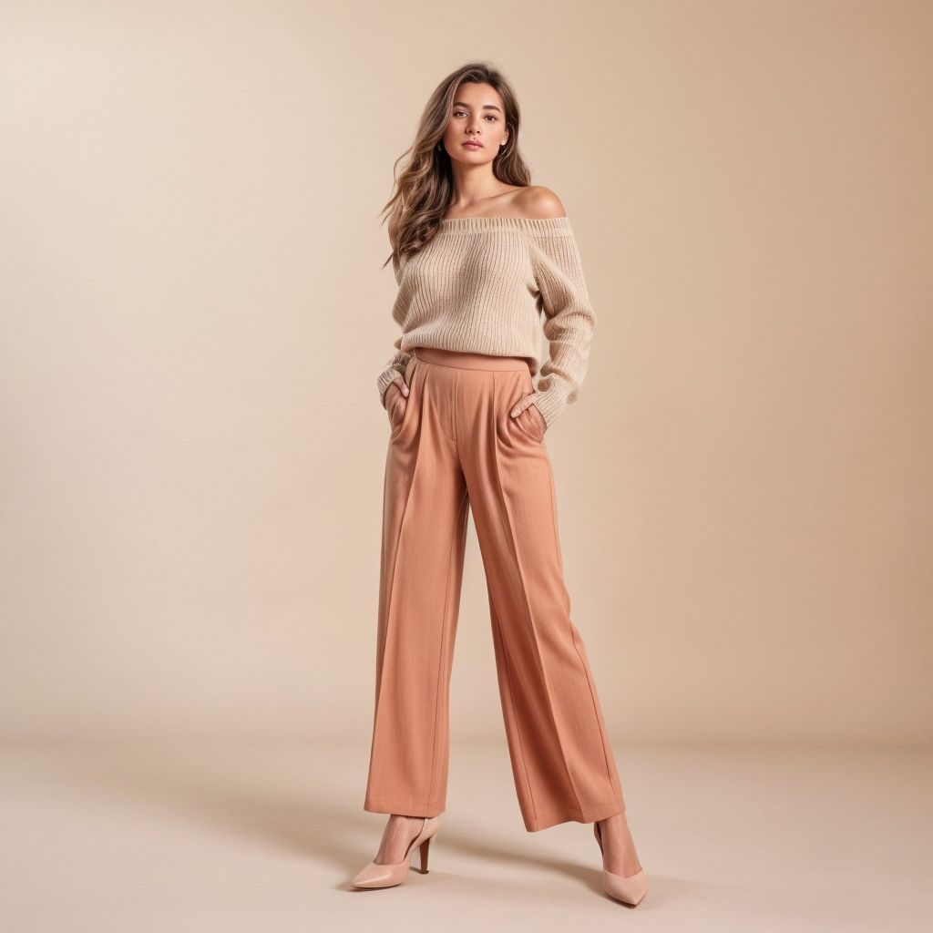 Shop the Look: Almond Toe Block Heel with High-Waisted Palazzo Pants and Off-Shoulder Knit Sweater for Relaxed Sophistication