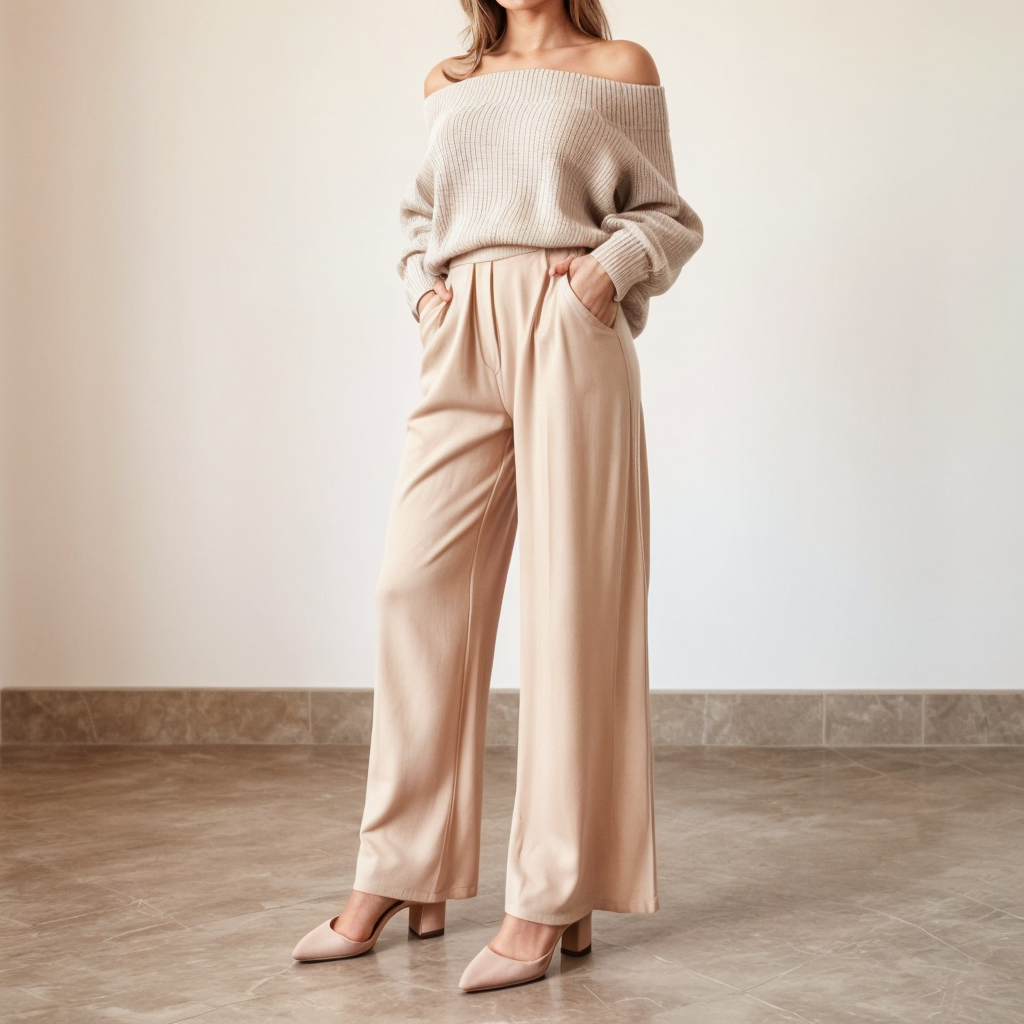 Shop the Look: Almond Toe Block Heel with High-Waisted Palazzo Pants and Off-Shoulder Knit Sweater for Relaxed Sophistication