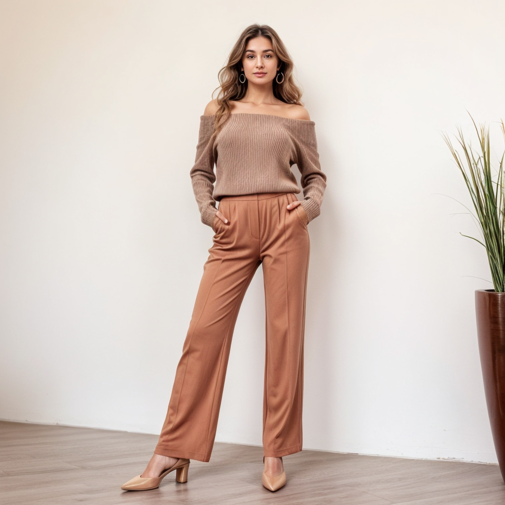 Shop the Look: Almond Toe Block Heel with High-Waisted Palazzo Pants and Off-Shoulder Knit Sweater for Relaxed Sophistication