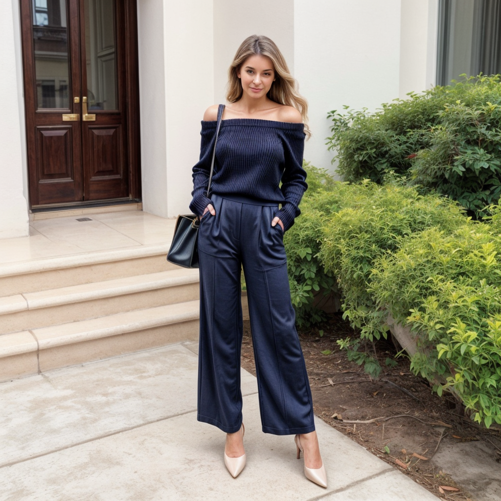 Shop the Look: Almond Toe Block Heel with High-Waisted Palazzo Pants and Off-Shoulder Knit Sweater for Relaxed Sophistication