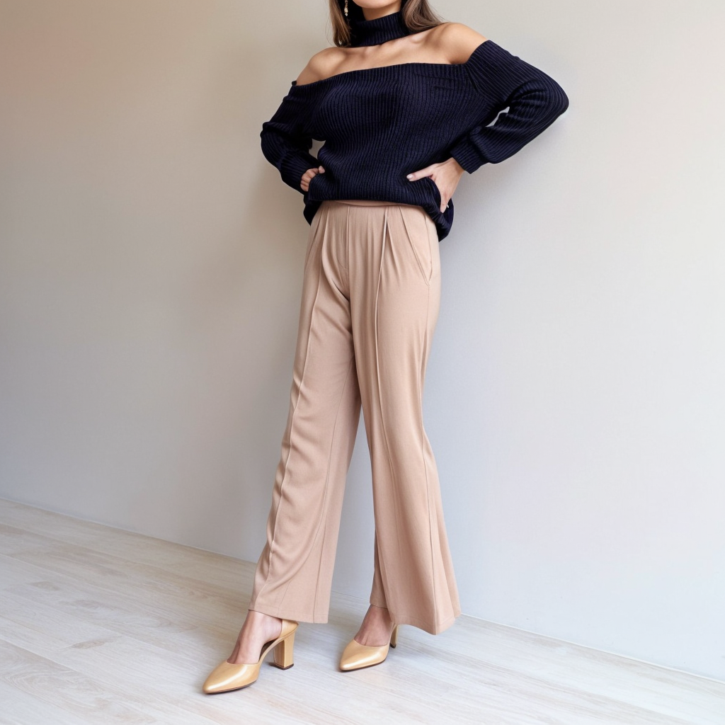 Shop the Look: Almond Toe Block Heel with High-Waisted Palazzo Pants and Off-Shoulder Knit Sweater for Relaxed Sophistication