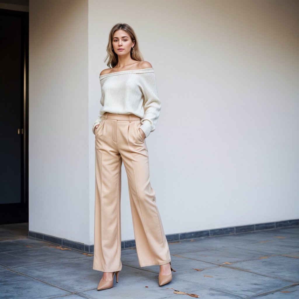 Shop the Look: Almond Toe Block Heel with High-Waisted Palazzo Pants and Off-Shoulder Knit Sweater for Relaxed Sophistication