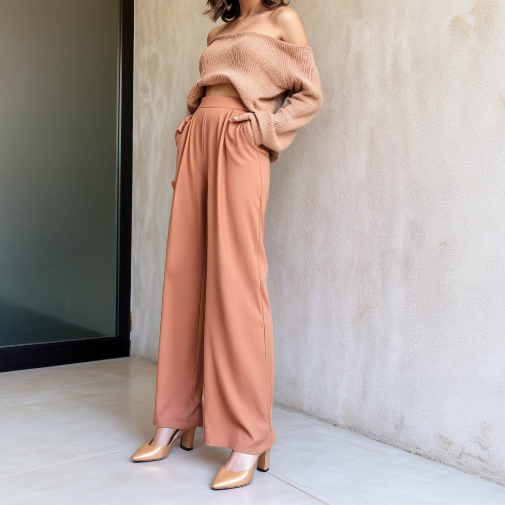 Shop the Look: Almond Toe Block Heel with High-Waisted Palazzo Pants and Off-Shoulder Knit Sweater for Relaxed Sophistication