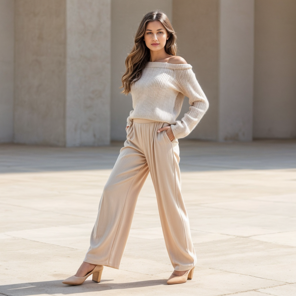 Shop the Look: Almond Toe Block Heel with High-Waisted Palazzo Pants and Off-Shoulder Knit Sweater for Relaxed Sophistication