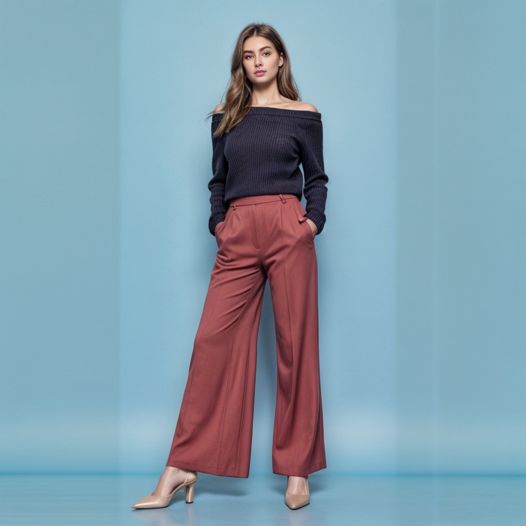 Shop the Look: Almond Toe Block Heel with High-Waisted Palazzo Pants and Off-Shoulder Knit Sweater for Relaxed Sophistication