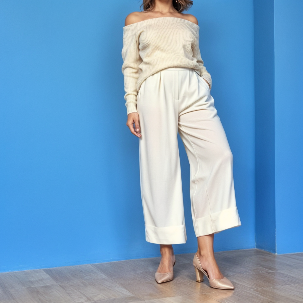 Shop the Look: Almond Toe Block Heel with High-Waisted Palazzo Pants and Off-Shoulder Knit Sweater for Relaxed Sophistication