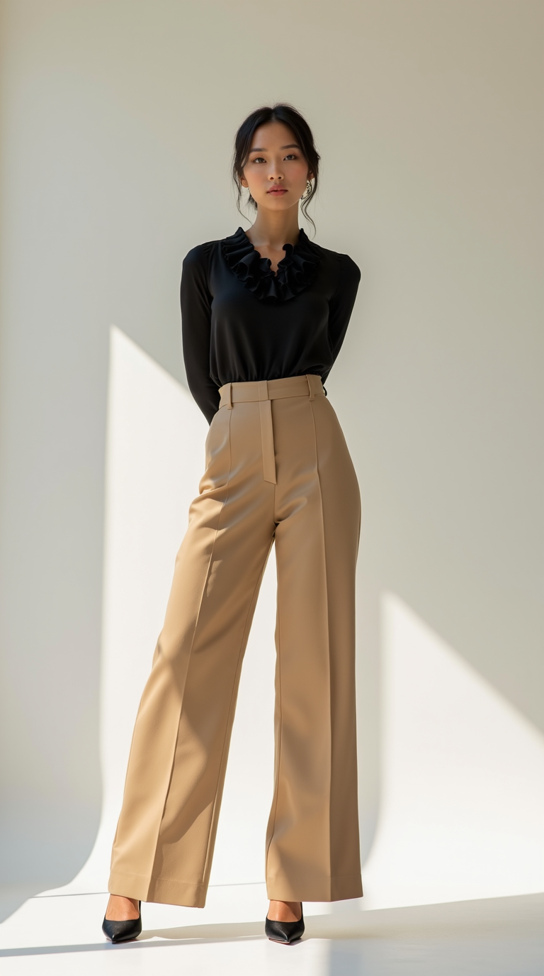 female model wearing Almond Toe Kitten Heel with Paperbag waist trousers and Ruffled blouse
