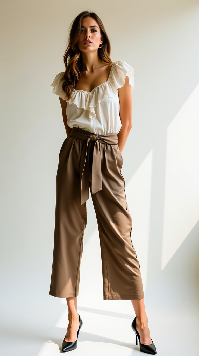 female model wearing Almond Toe Kitten Heel with Paperbag waist trousers and Ruffled blouse
