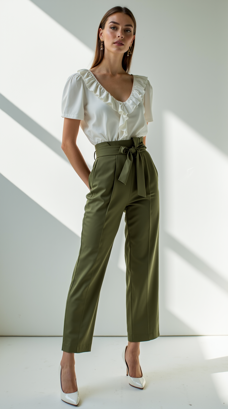 female model wearing Almond Toe Kitten Heel with Paperbag waist trousers and Ruffled blouse
