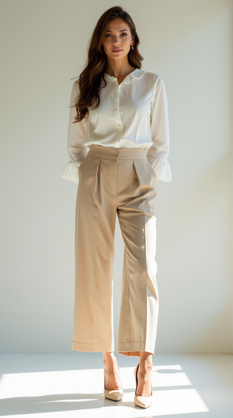 female model wearing Almond Toe Kitten Heel with Paperbag waist trousers and Ruffled blouse
