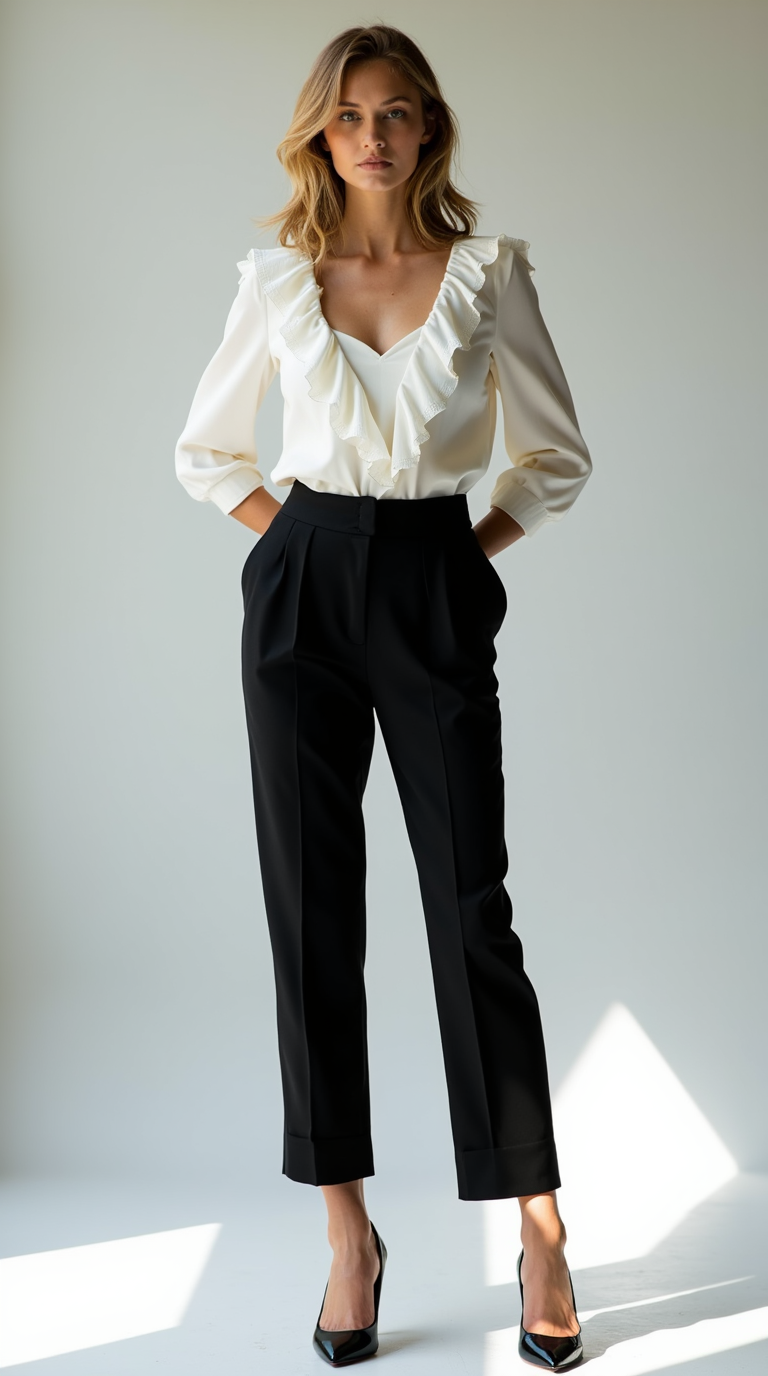 female model wearing Almond Toe Kitten Heel with Paperbag waist trousers and Ruffled blouse