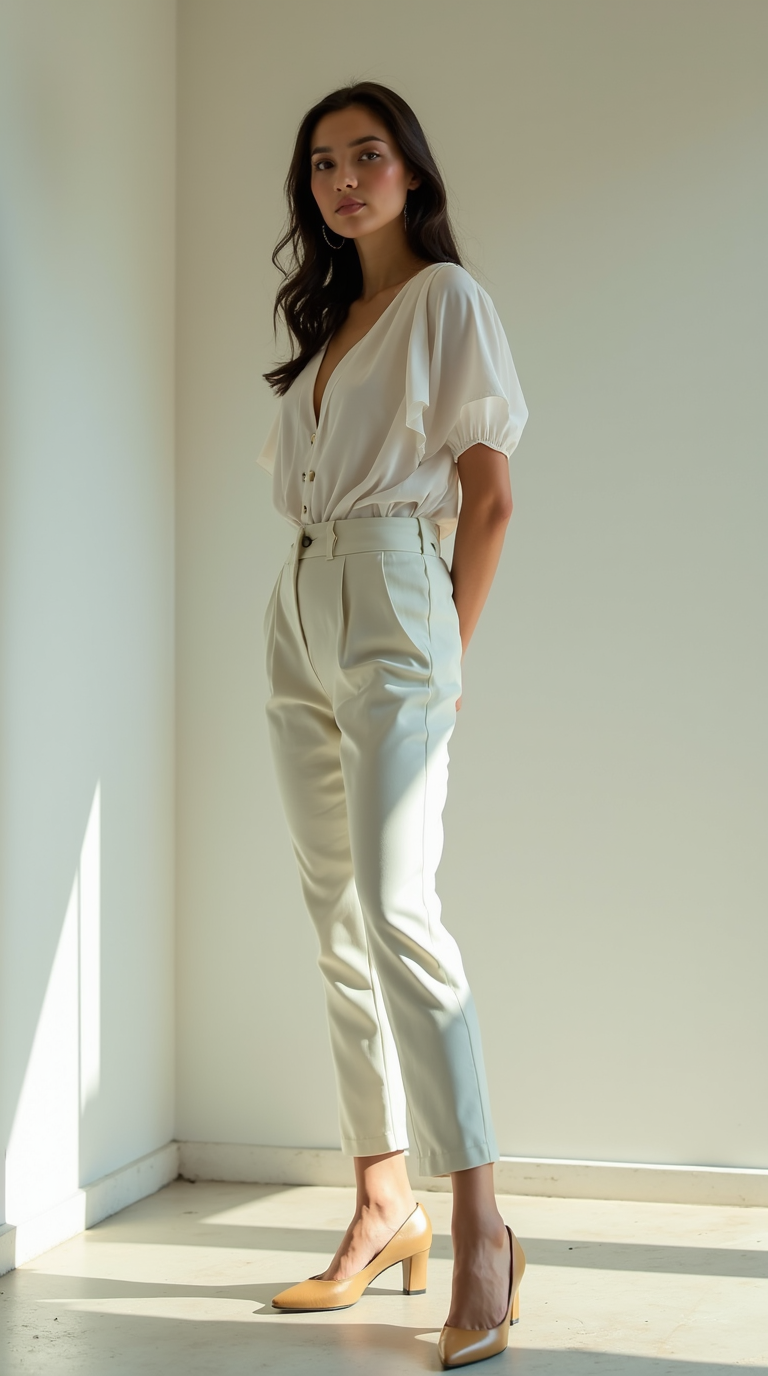 female model wearing Almond Toe Kitten Heel with Paperbag waist trousers and Ruffled blouse