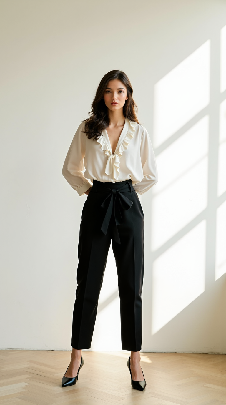 female model wearing Almond Toe Kitten Heel with Paperbag waist trousers and Ruffled blouse

