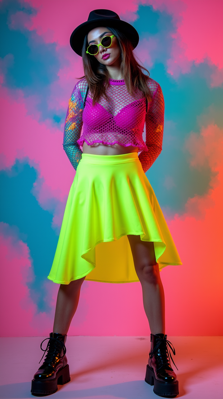 female model wearing Bump Toe Platform with Neon skater skirt and Mesh long sleeve top