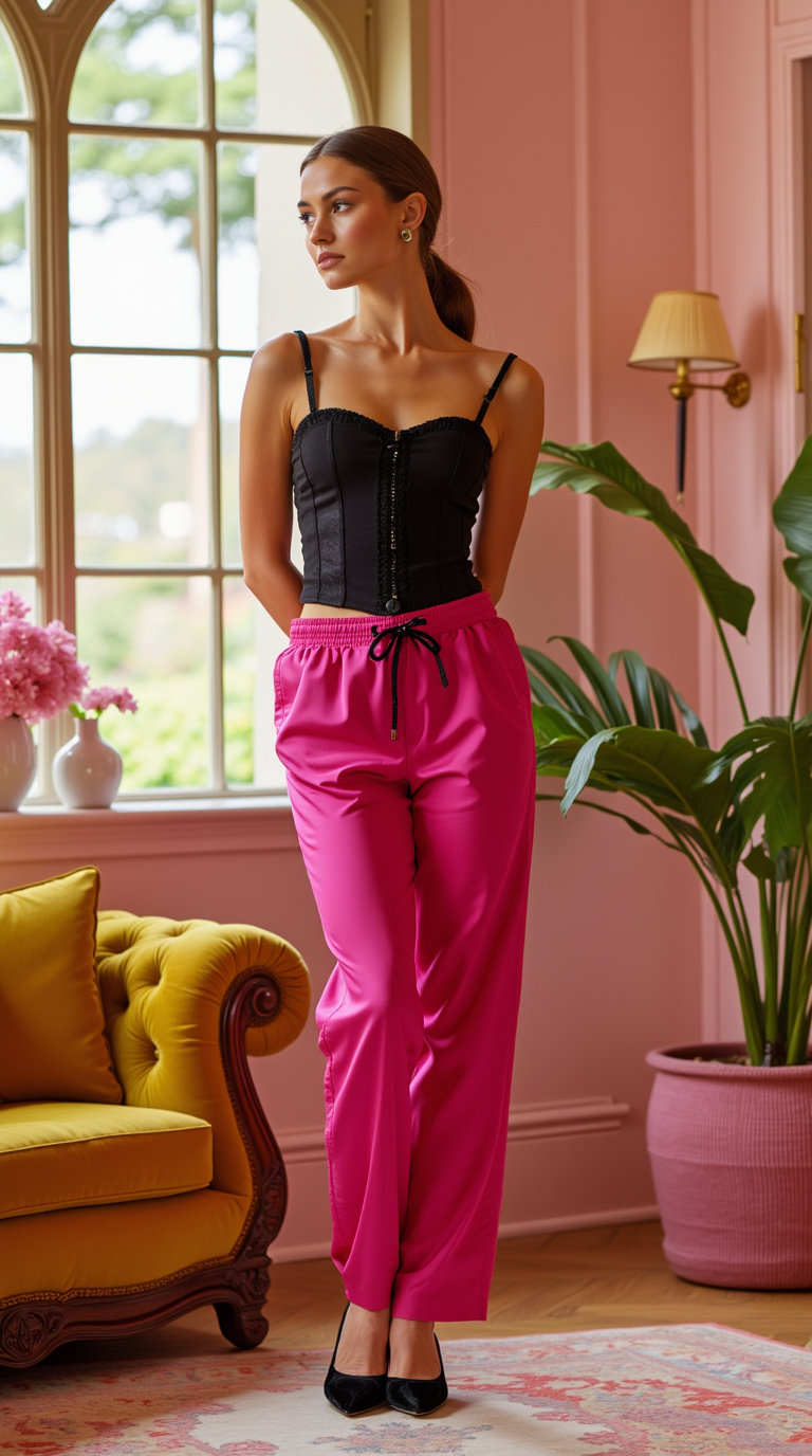 Female model wearing  Cap Toe Block Heel with Velvet Track Pants and Silk Corset Top
