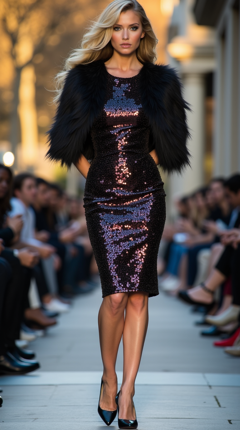 Female model wearing Closed Toe Stiletto Heel with Sequin cocktail dress and Feather bolero jacket 
