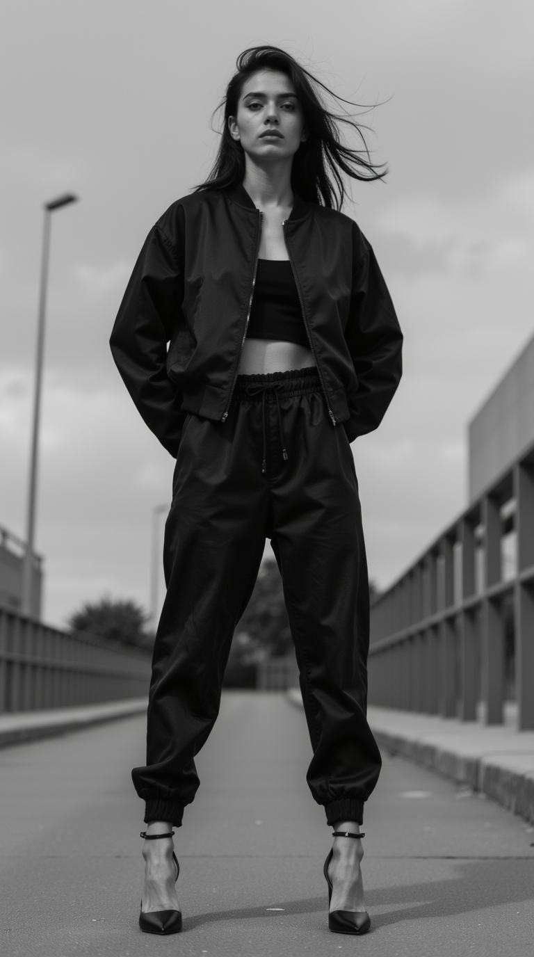 Shop The Look: Plain Toe Comma Heel with Jogger-style satin pants and Cropped bomber jacket for Streetwear Silk