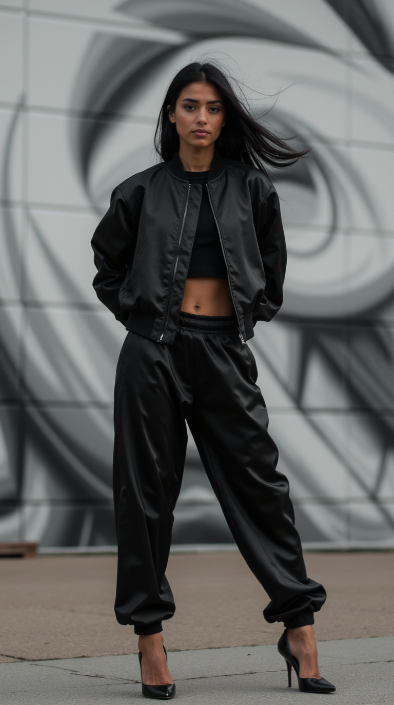 Shop The Look: Plain Toe Comma Heel with Jogger-Style Satin Pants and Cropped Bomber Jacket for Streetwear Silk