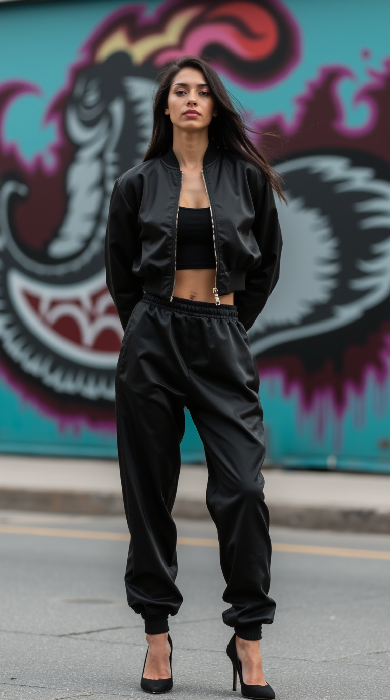 Shop The Look: Plain Toe Comma Heel with Jogger-style satin pants and Cropped bomber jacket for Streetwear Silk