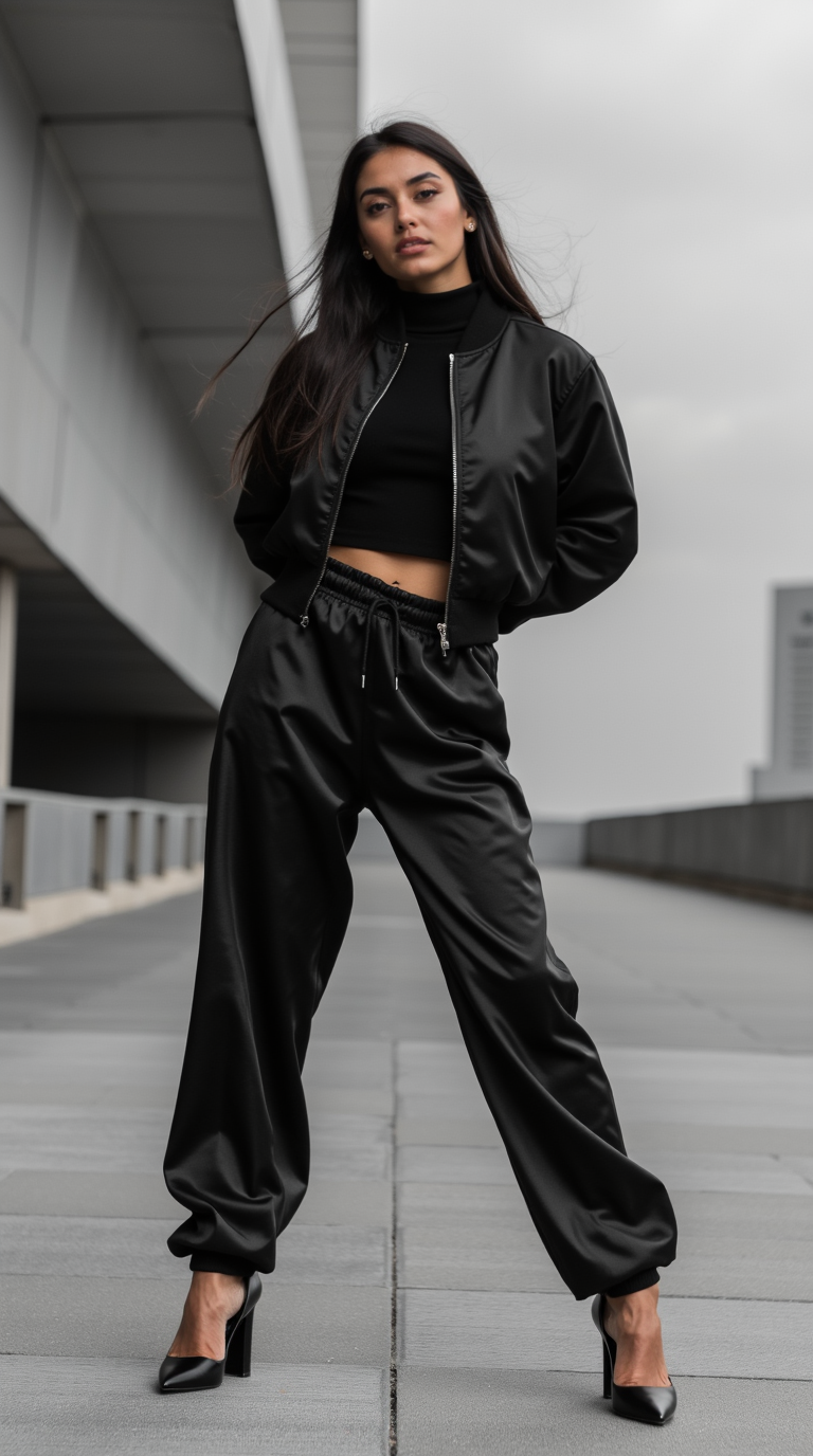 Shop The Look: Plain Toe Comma Heel with Jogger-style satin pants and Cropped bomber jacket for Streetwear Silk