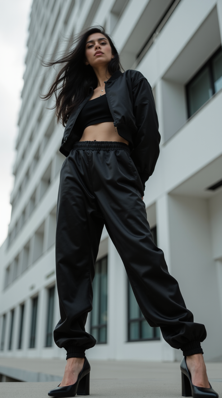 Shop The Look: Plain Toe Comma Heel with Jogger-style satin pants and Cropped bomber jacket for Streetwear Silk