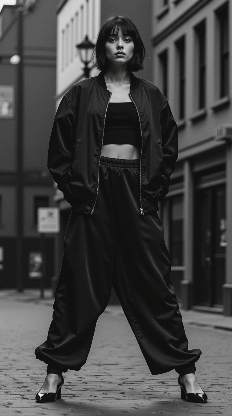 Shop The Look: Plain Toe Comma Heel with Jogger-Style Satin Pants and Cropped Bomber Jacket for Streetwear Silk