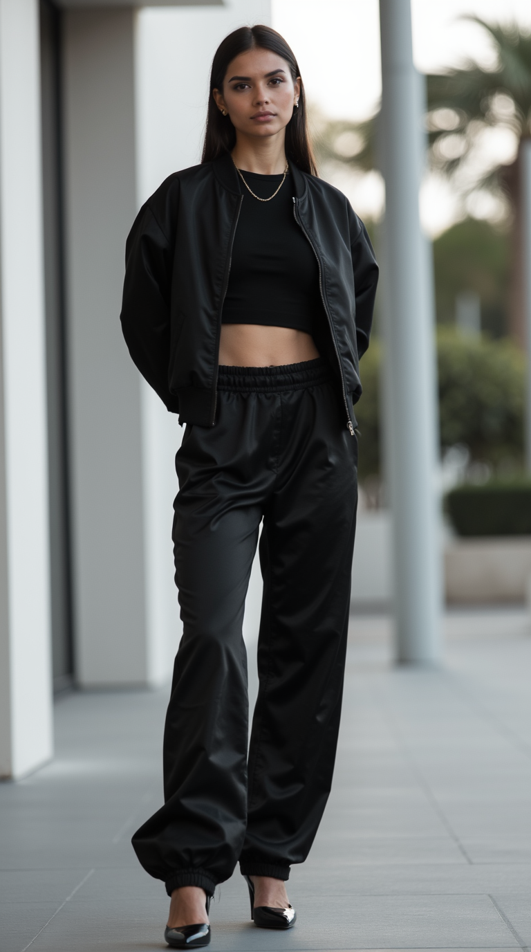 Shop The Look: Plain Toe Comma Heel with Jogger-Style Satin Pants and Cropped Bomber Jacket for Streetwear Silk