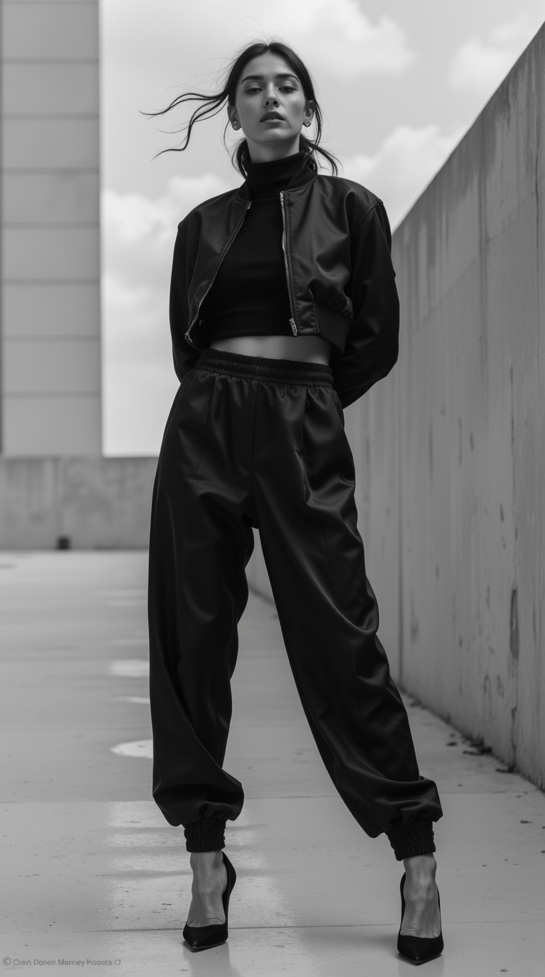 Shop The Look: Plain Toe Comma Heel with Jogger-Style Satin Pants and Cropped Bomber Jacket for Streetwear Silk