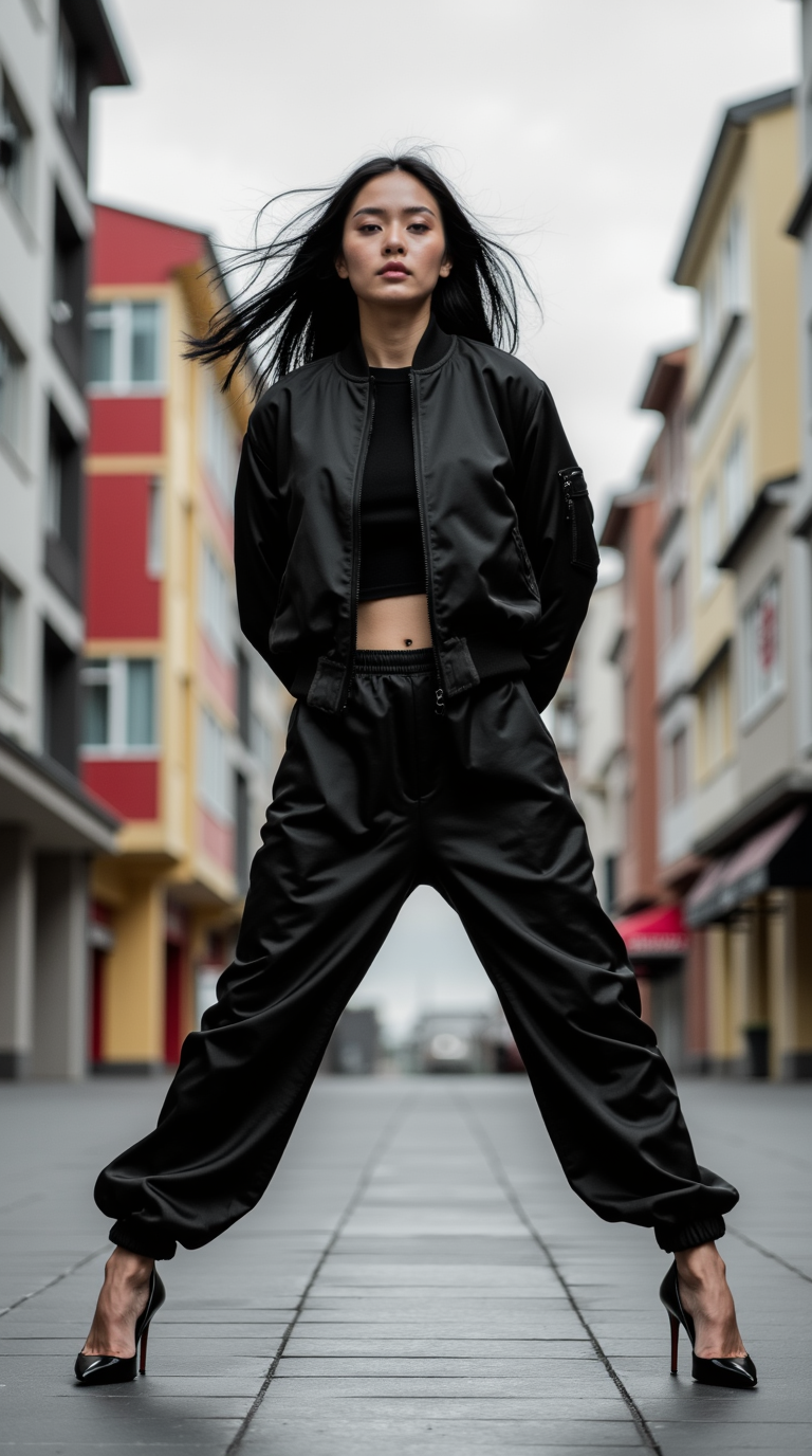 Shop The Look: Plain Toe Comma Heel with Jogger-Style Satin Pants and Cropped Bomber Jacket for Streetwear Silk