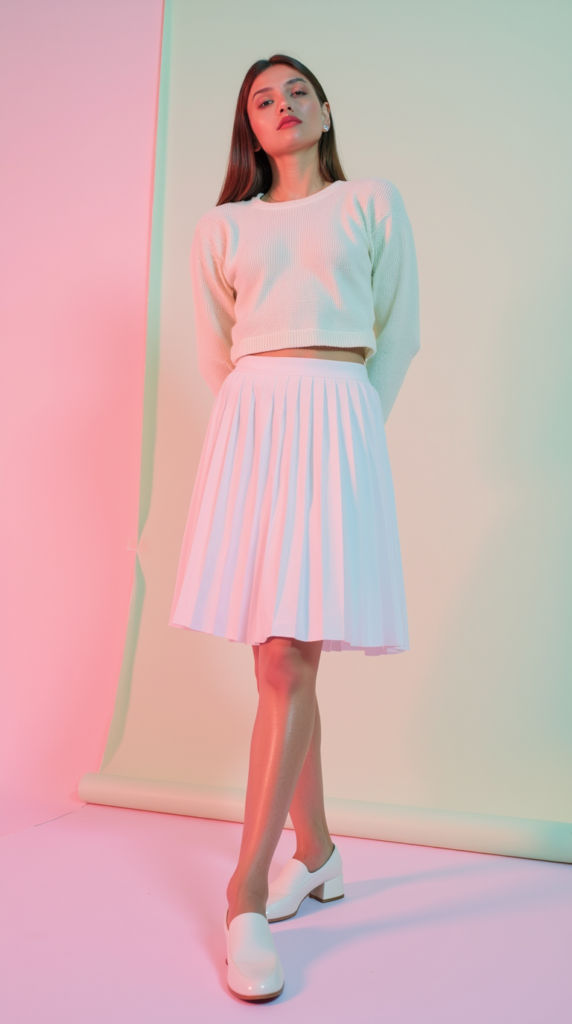 female model wearing Round Toe Block Heel with Pleated tennis skirt and Cropped crewneck sweater