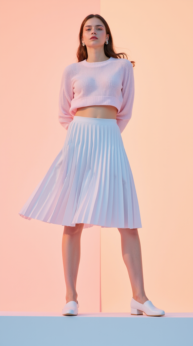 Shop The Look: Round Toe Block Heel with Pleated tennis skirt and Cropped crewneck sweater for Athletic Elegance