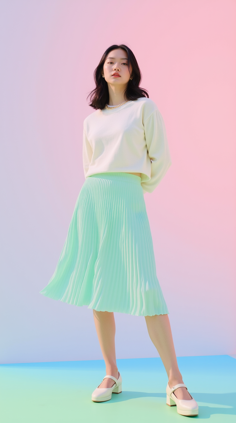 Shop The Look: Round Toe Block Heel with Pleated tennis skirt and Cropped crewneck sweater for Athletic Elegance