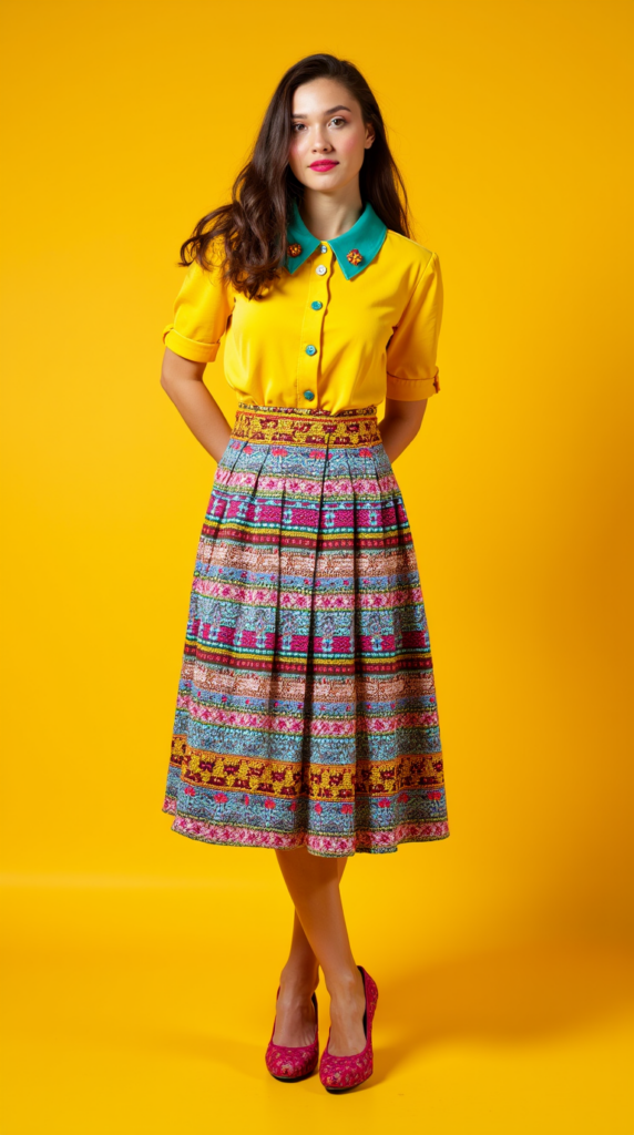 Female model wearing Round Toe Kitten Heel with Tweed Midi Skirt and Peter Pan Collar Blouse for Retro Prep Revival