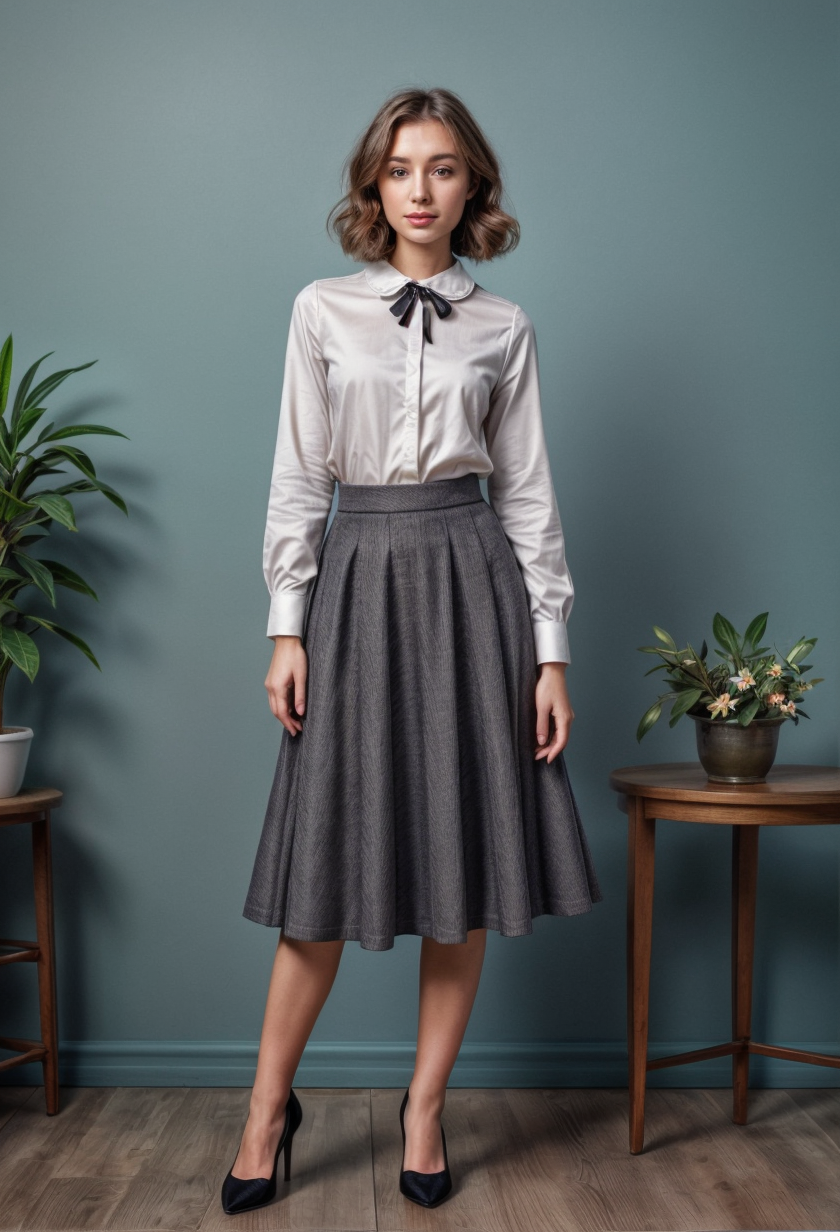 Female model wearing Round Toe Kitten Heel with Tweed Midi Skirt and Peter Pan Collar Blouse for Retro Prep Revival
