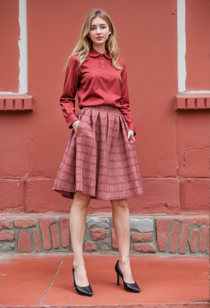 Female model wearing Round Toe Kitten Heel with Tweed Midi Skirt and Peter Pan Collar Blouse for Retro Prep Revival
