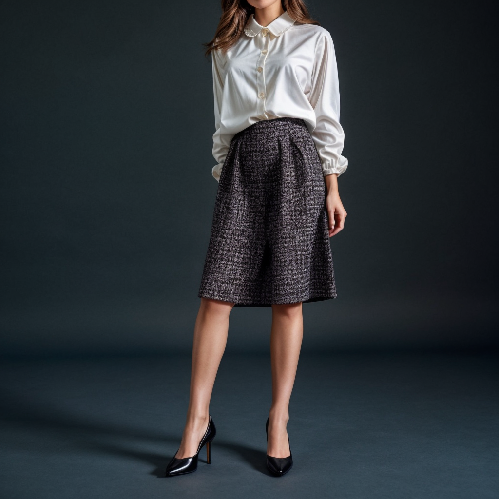 Female model wearing Round Toe Kitten Heel with Tweed Midi Skirt and Peter Pan Collar Blouse for Retro Prep Revival
