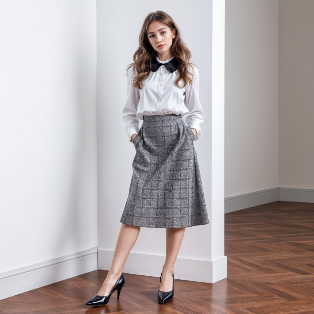 Female model wearing Round Toe Kitten Heel with Tweed Midi Skirt and Peter Pan Collar Blouse for Retro Prep Revival
