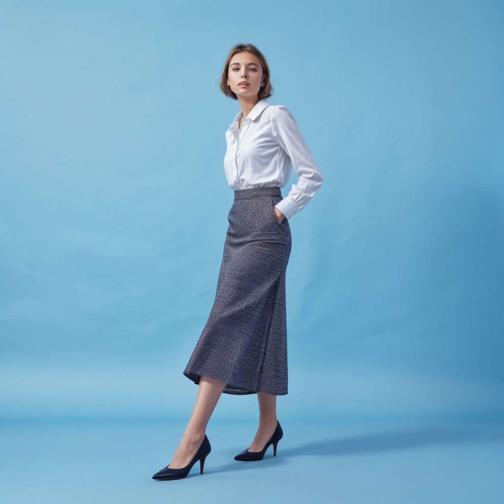 Female model wearing Round Toe Kitten Heel with Tweed Midi Skirt and Peter Pan Collar Blouse for Retro Prep Revival
