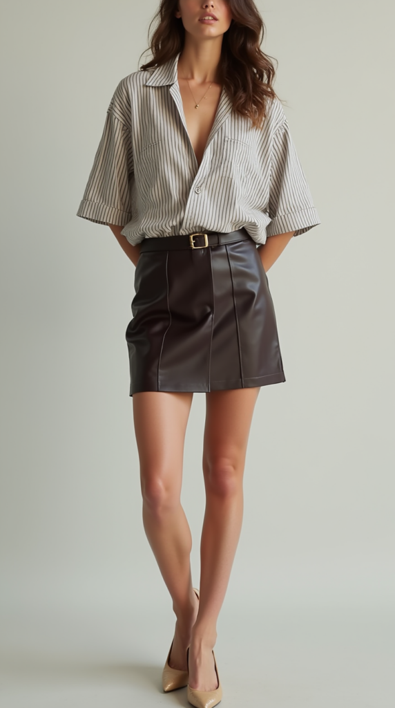 Shop the Look: Cap Toe Cone Heel with Leather Mini Skirt and Oversized Striped Button-Up for Downtown Upgraded
