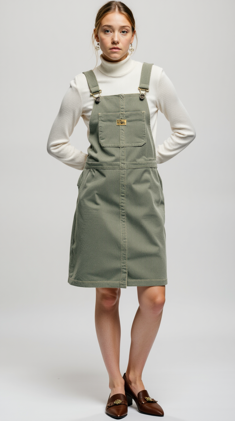 Shop the Look: Moc Toe Block Heel with Corduroy Pinafore Dress and Ribbed Turtleneck Bodysuit for Modern Schoolgirl