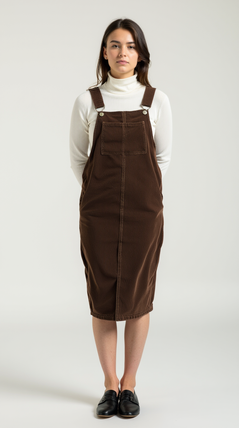 Shop the Look: Moc Toe Block Heel with Corduroy Pinafore Dress and Ribbed Turtleneck Bodysuit for Modern Schoolgirl