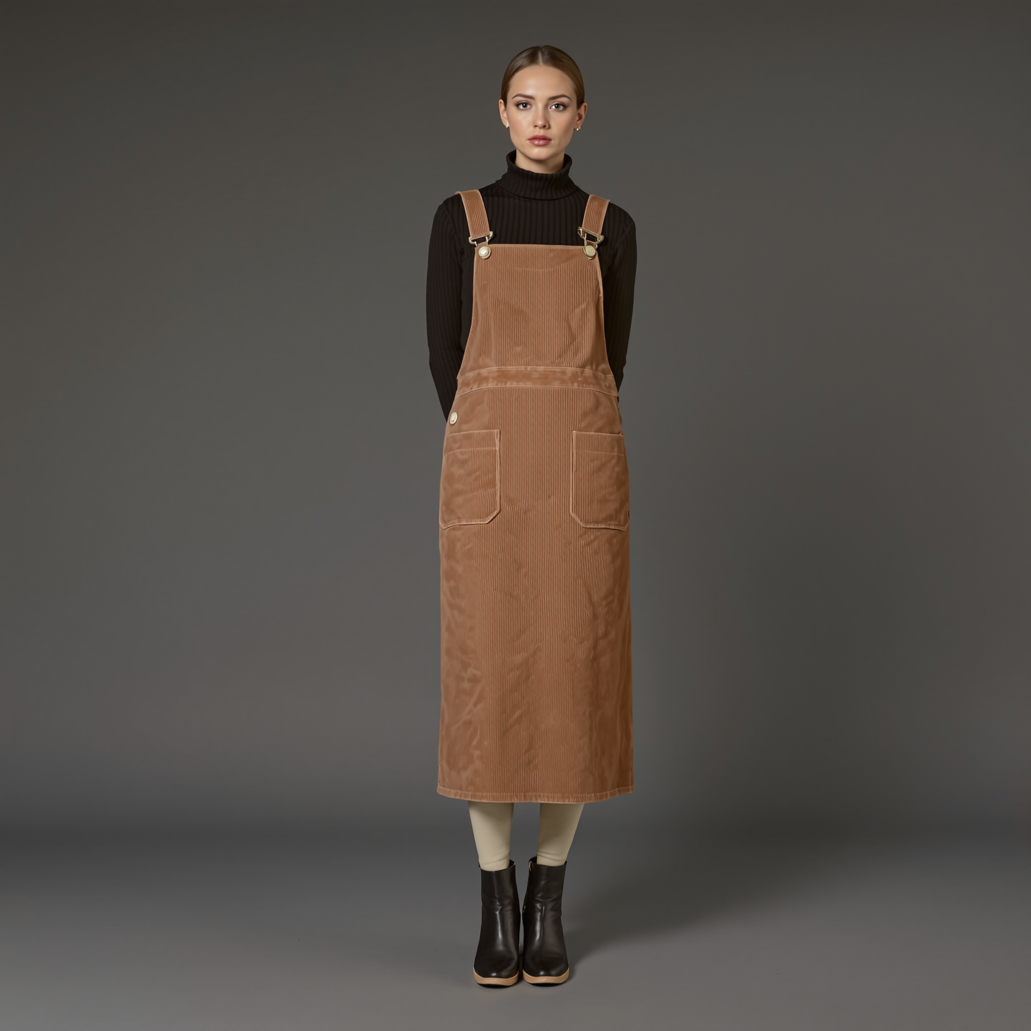 Shop the Look: Moc Toe Block Heel with Corduroy Pinafore Dress and Ribbed Turtleneck Bodysuit for Modern Schoolgirl