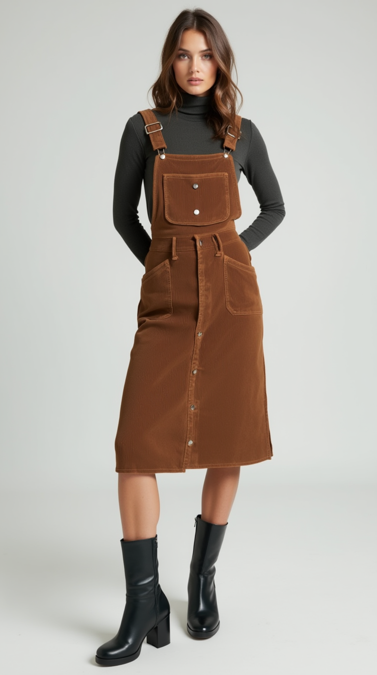 Shop the Look: Moc Toe Block Heel with Corduroy Pinafore Dress and Ribbed Turtleneck Bodysuit for Modern Schoolgirl