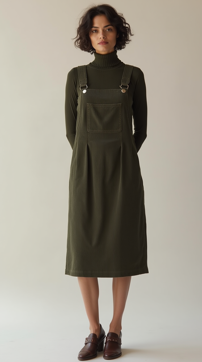 Shop the Look: Moc Toe Block Heel with Corduroy Pinafore Dress and Ribbed Turtleneck Bodysuit for Modern Schoolgirl