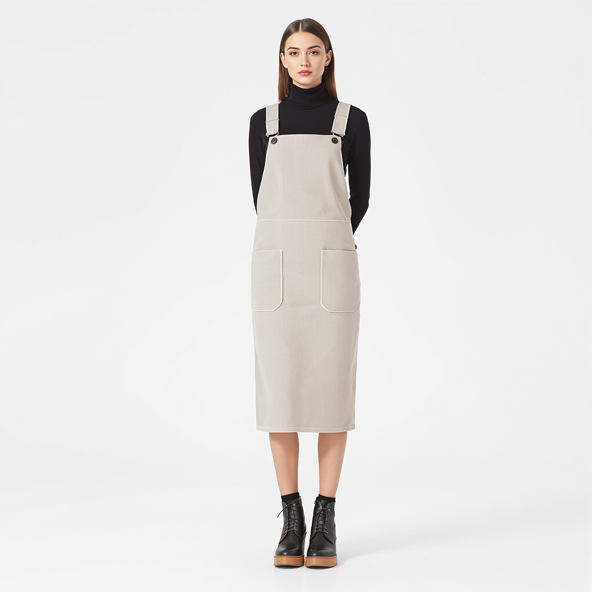 Shop the Look: Moc Toe Block Heel with Corduroy Pinafore Dress and Ribbed Turtleneck Bodysuit for Modern Schoolgirl