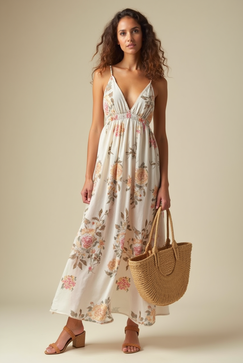 Female model wearing Open Toe Wedge Heel with Flowy Maxi Sundress and Straw Tote Bag for Boho Garden Party
