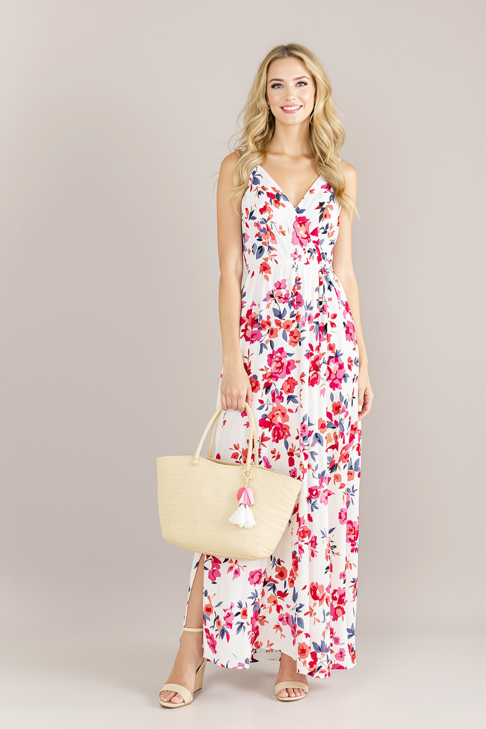 Female model wearing Open Toe Wedge Heel with Flowy Maxi Sundress and Straw Tote Bag for Boho Garden Party
