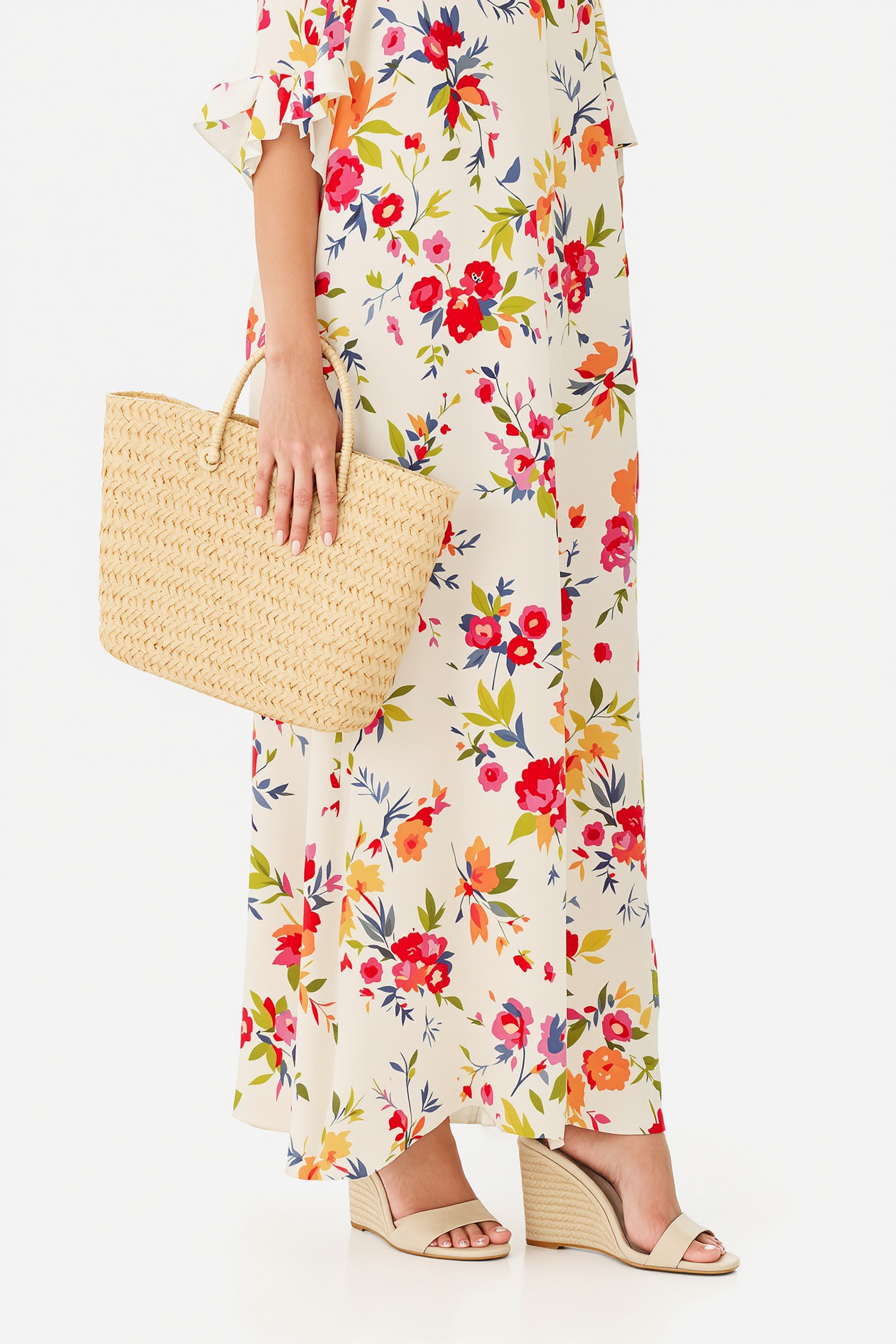 Female model wearing Open Toe Wedge Heel with Flowy Maxi Sundress and Straw Tote Bag for Boho Garden Party
